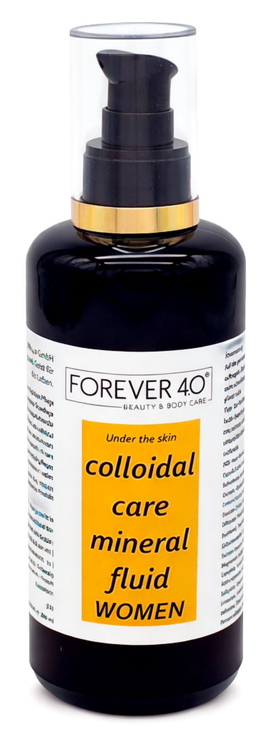 Schwarze Flasche mit Pumpe. Aufschrift: FOREVER 4.0, colloidal care mineral fluid WOMEN. Goldener Ring am Hals.