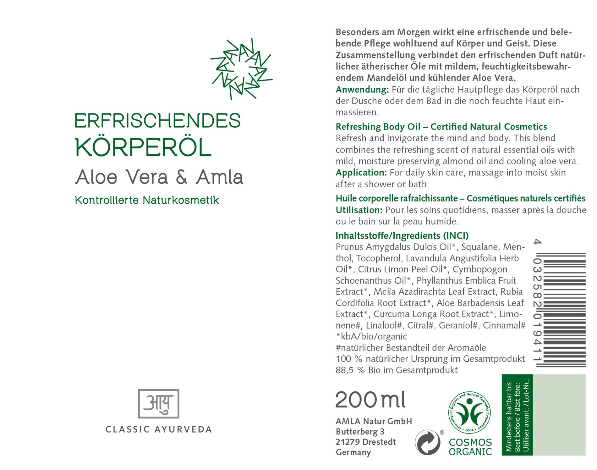 Classic Ayurveda - Erfrischendes Körperöl, COSMOS ORGANIC