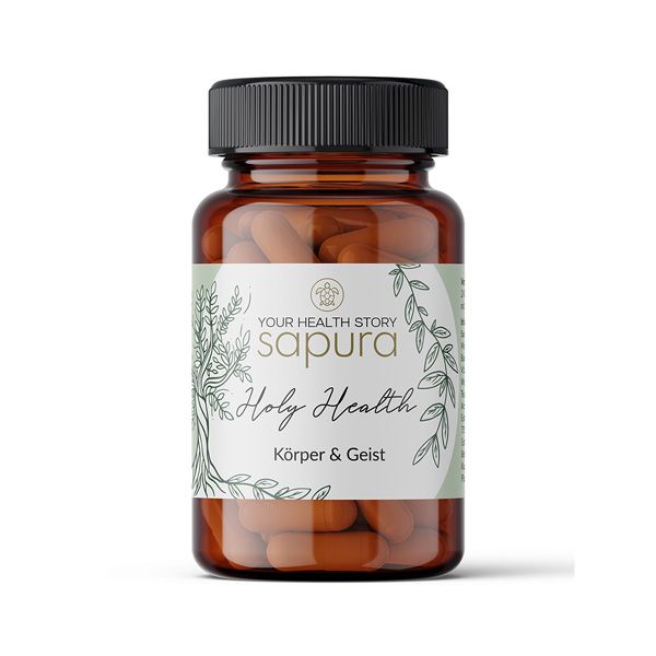 Braune Tablettenflasche mit schwarzem Deckel. Etikett: sapura Holy Health Körper & Geist. Tabletten sichtbar.