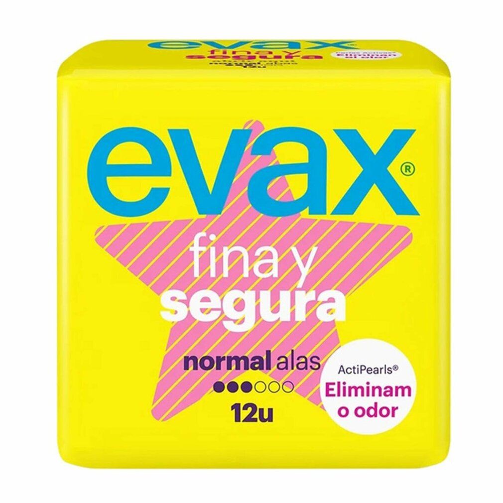 Gelbe Verpackung mit blauem Schriftzug "evax fina y segura normal alas 12u". Rosa Stern. ActiPearls: Elimina o odor.