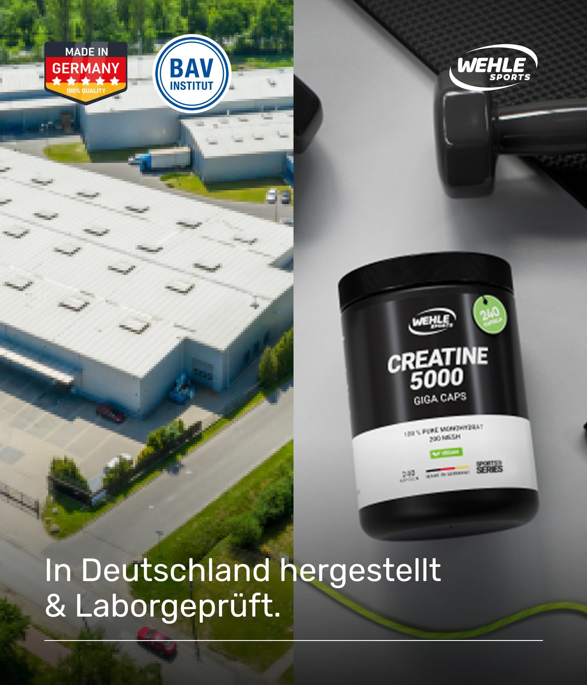 Fabrikgebäude und Dose 'Creatine 5000'. 'Wehle Sports' Logo. Text: In Deutschland hergestellt & Laborgeprüft.