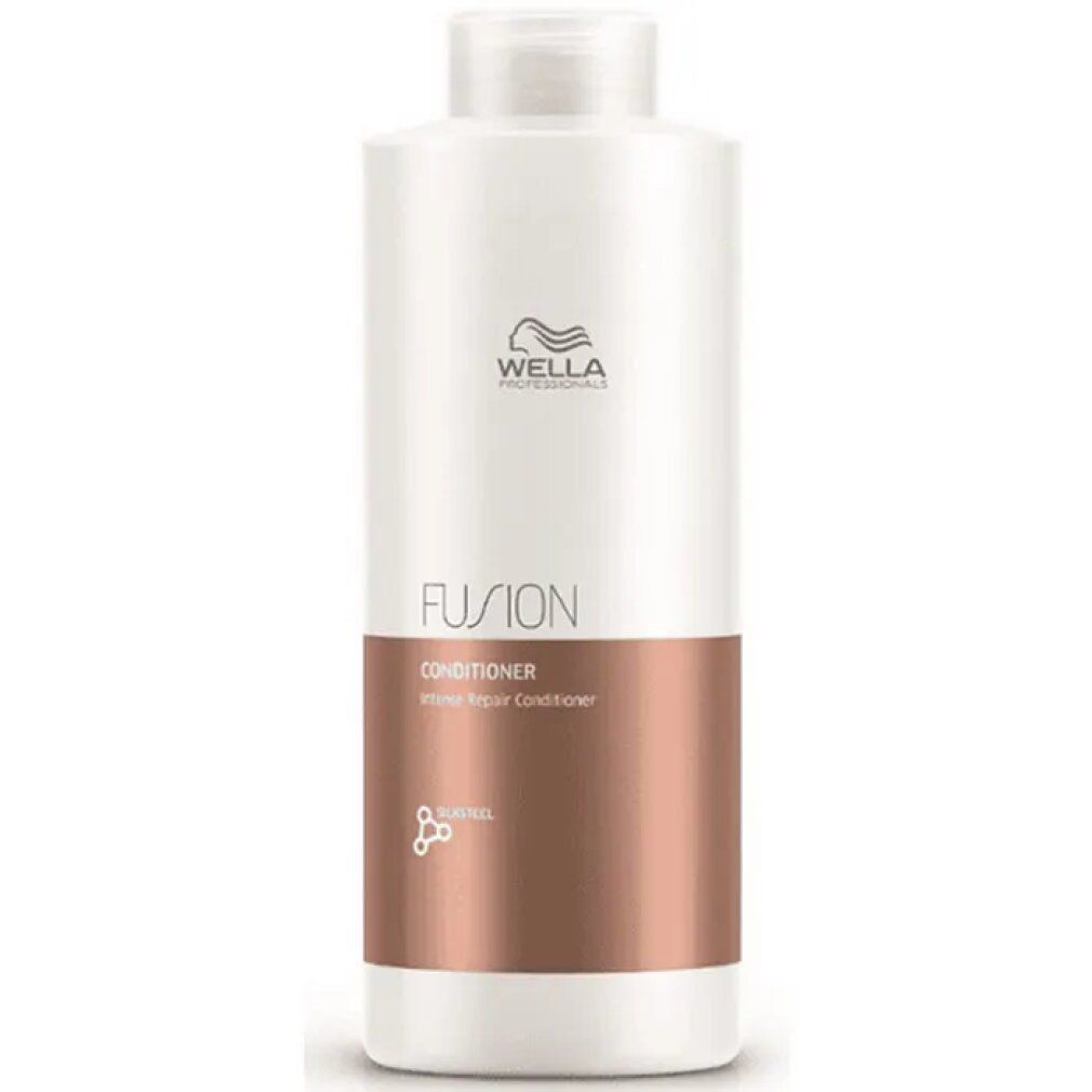 Weiße Flasche mit Wella-Logo und Aufschrift FUSION. Enthält Conditioner. Braune Farbfläche.