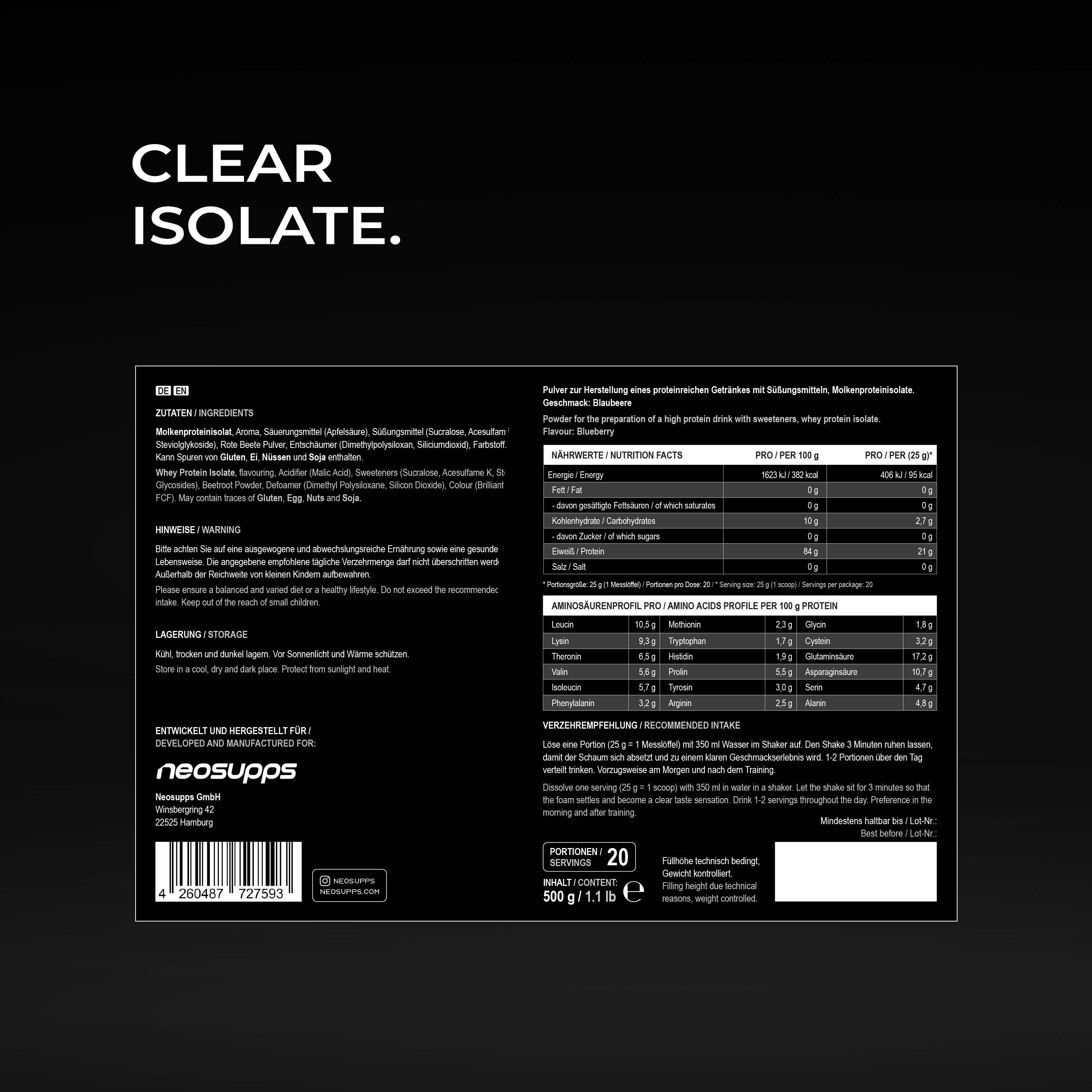 Neosupps Clear Whey Isolat Protein Pulver, 500g, Blueberry Geschmack, Eiweißshake