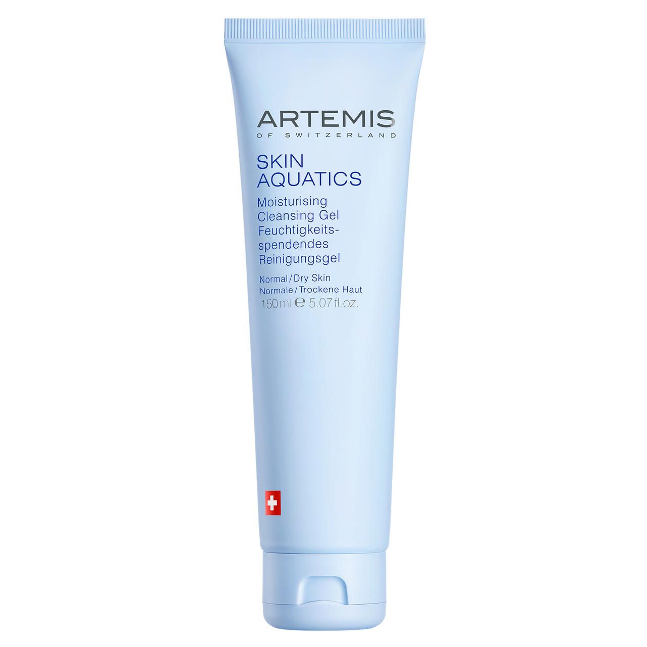 Hellblaue Tube mit weißer Schrift. Aufschrift: ARTEMIS, SKIN AQUATICS, Cleansing Gel. Schweizer Kreuz. 150ml.