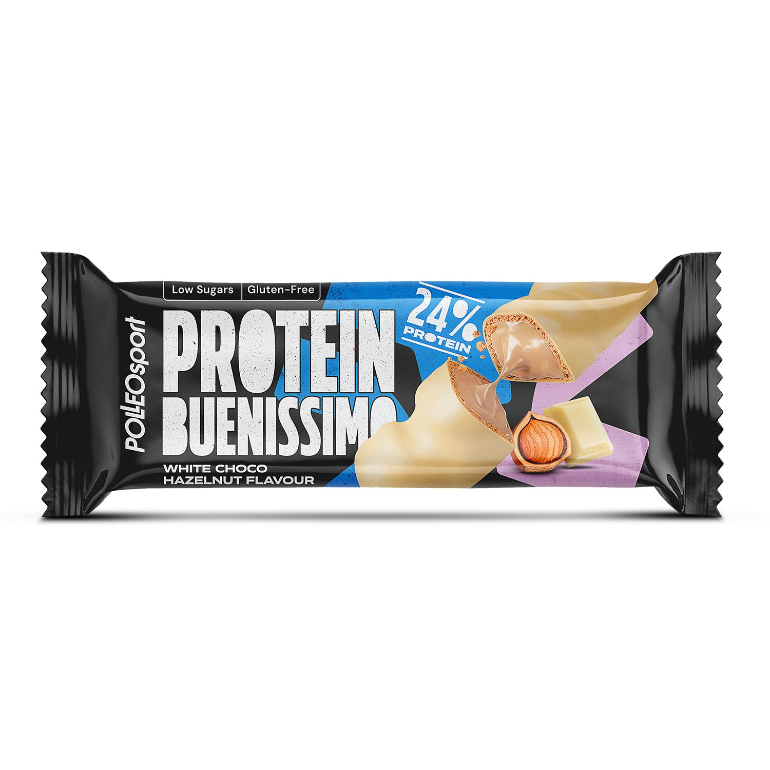 Einzelne Proteinriegel in schwarzer Verpackung. Aufdruck: Protein Buenissimo, 24% Protein, White Choco Hazelnut Flavour.