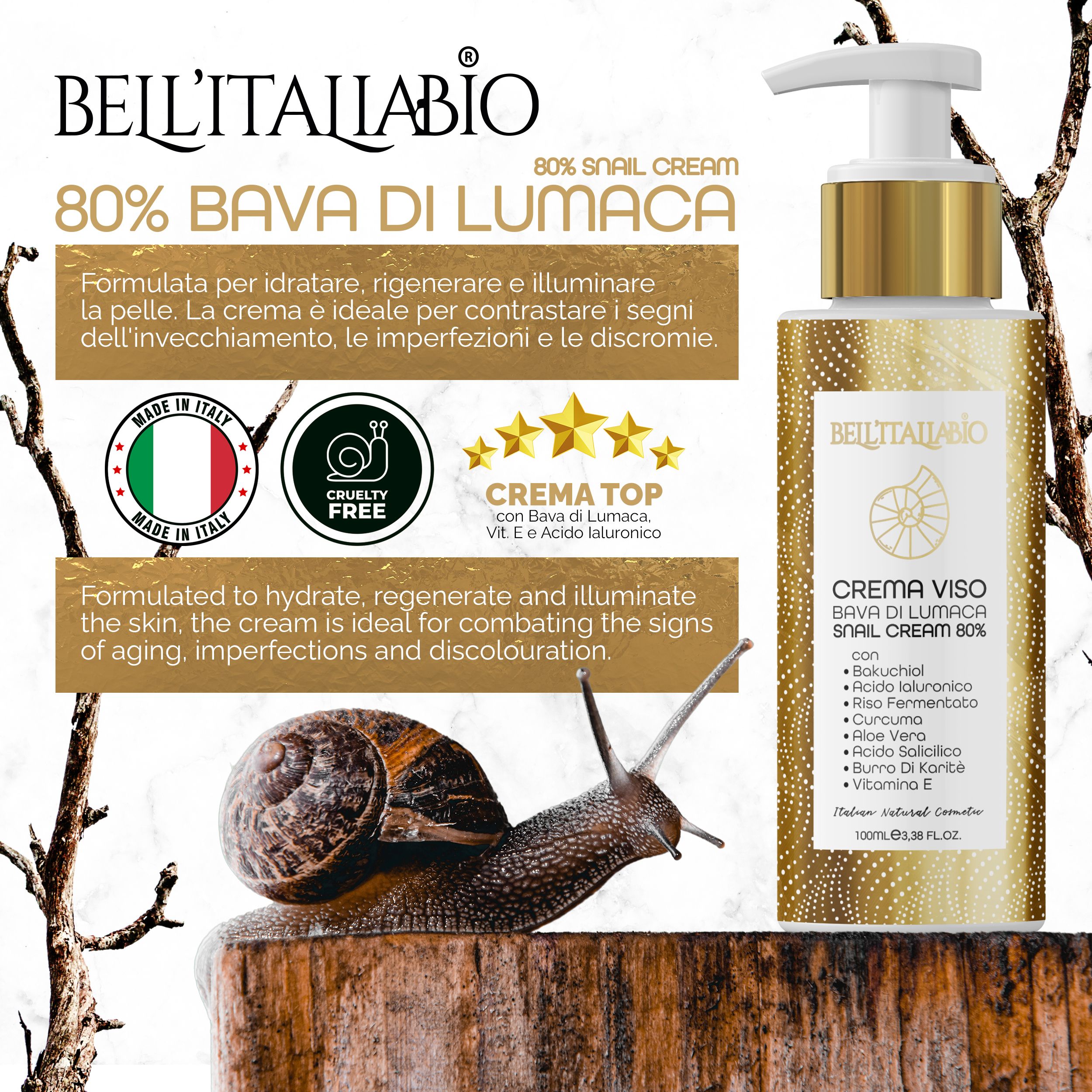 Creme-Flakon mit Pumpe. Goldfarbener Deckel, weißer Pumpkopf. Text: BellItaliabio, Crema Viso, Bava di Lumaca, 80%. Schnecke.
