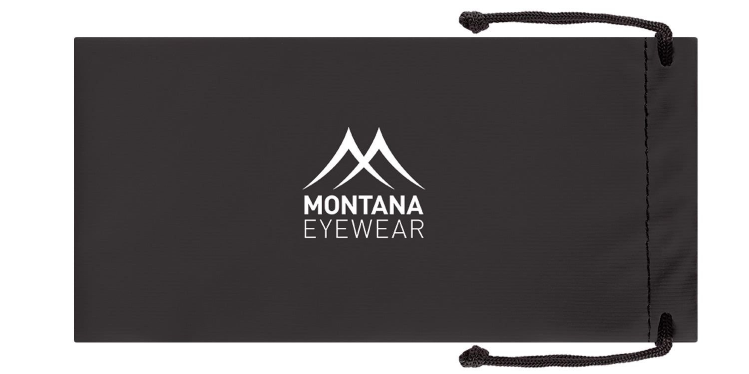 Schwarzes Brillenetui mit Montana Eyewear Logo. Das Etui hat eine Kordel zum Verschließen.