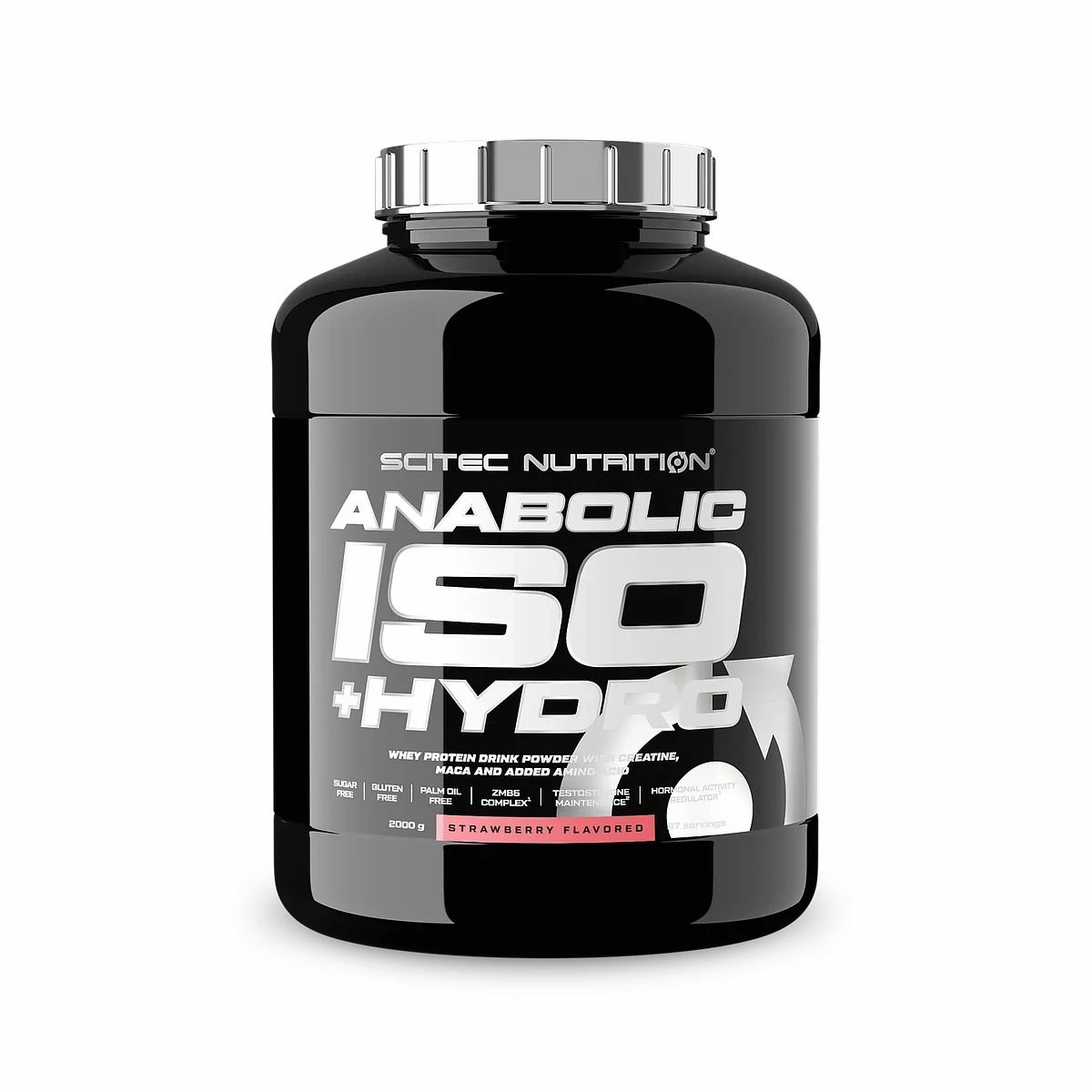 Schwarze Dose Scitec Anabolic Iso+ Hydro. Mit weißer Schrift, Produktname und Geschmacksangabe Erdbeere. Deckel silber.