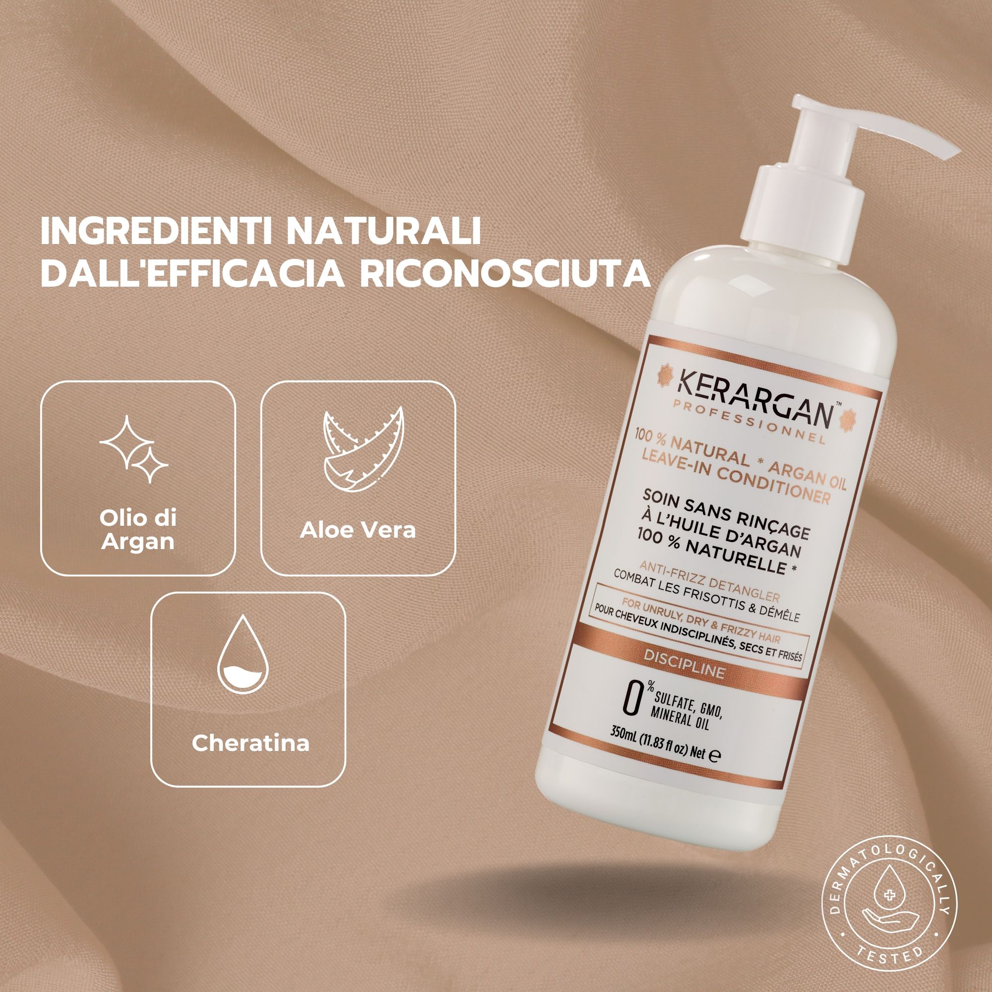 Flacone di prodotto con simboli di olio di argan, aloe vera e cheratina. Scritta: Kerargan, leave-in conditioner, 100% naturale.
