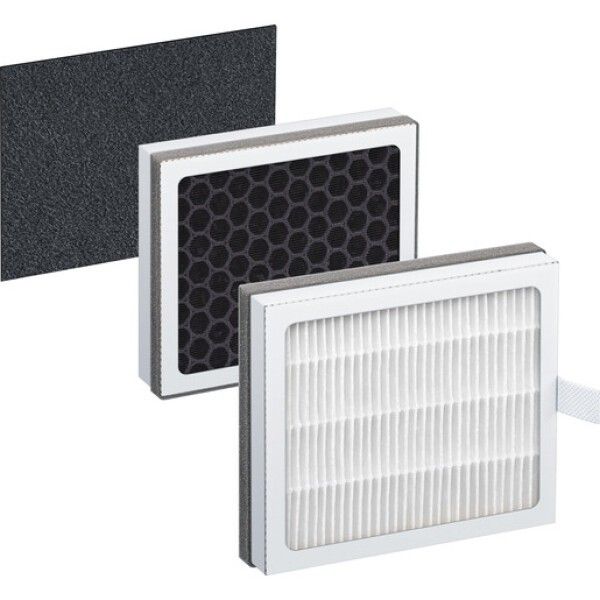 Mehrschichtiger Ersatzfilter. Enthält einen schwarzen Vorfilter, einen Filter mit Wabenstruktur und einen weißen Filter mit Lamellen.