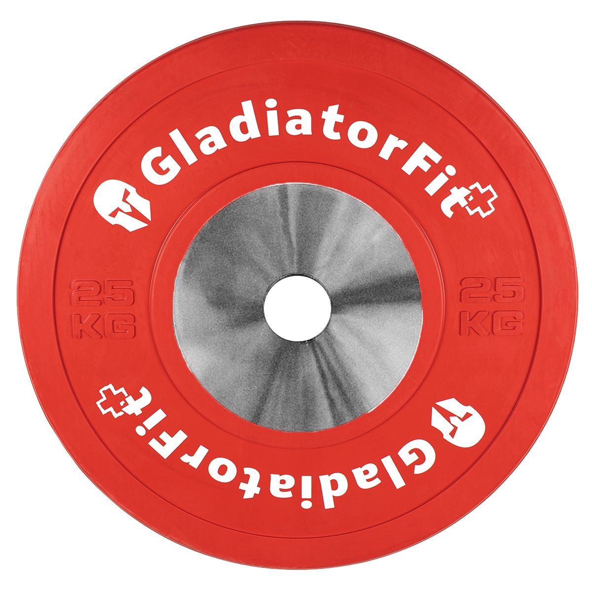 Rote Competition-Scheibe mit Gummibeschichtung. Zentrales Loch. Gewicht: 25 KG. Marke: GladiatorFit.