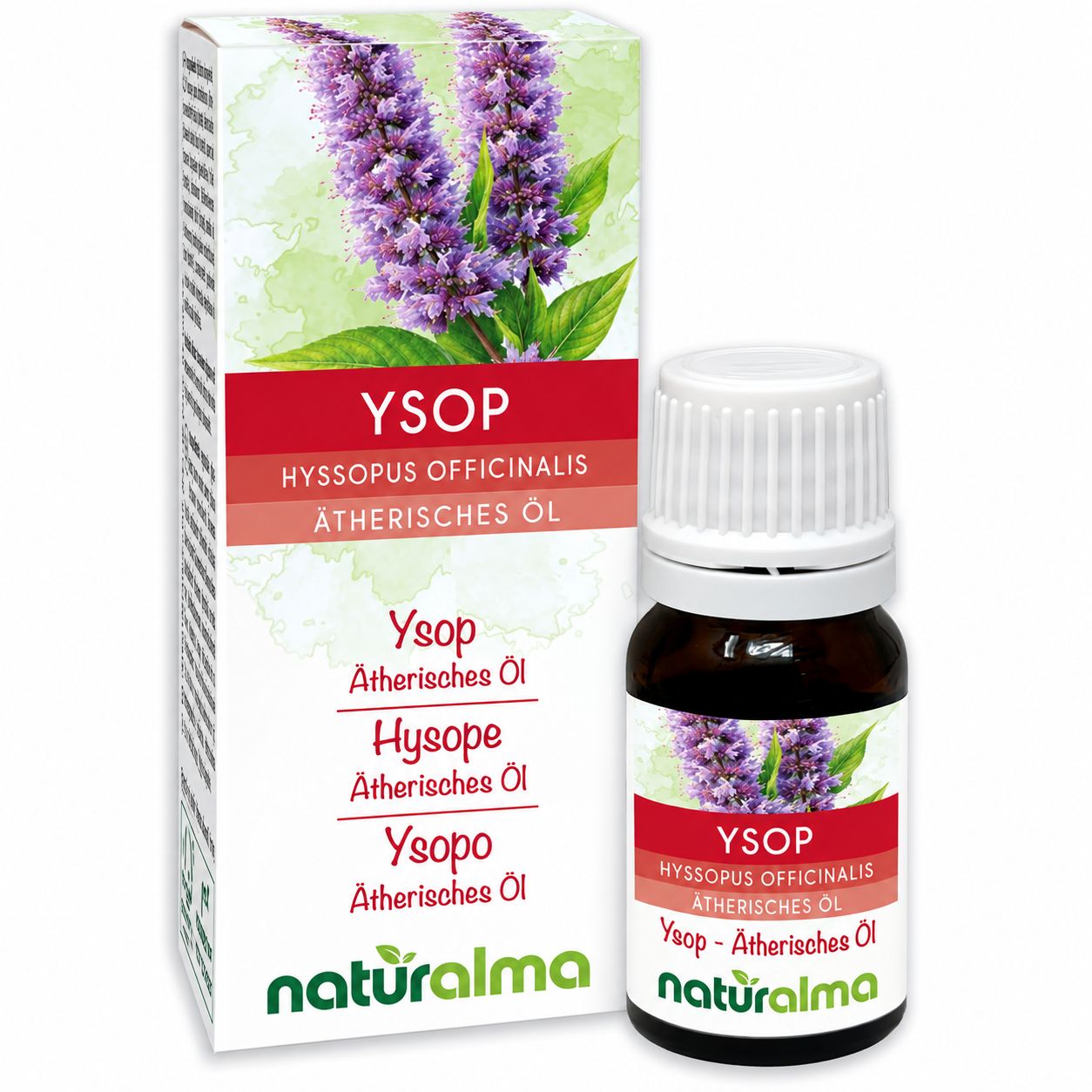 Flasche und Schachtel mit Ysop-Ätherischem Öl von Naturalma.