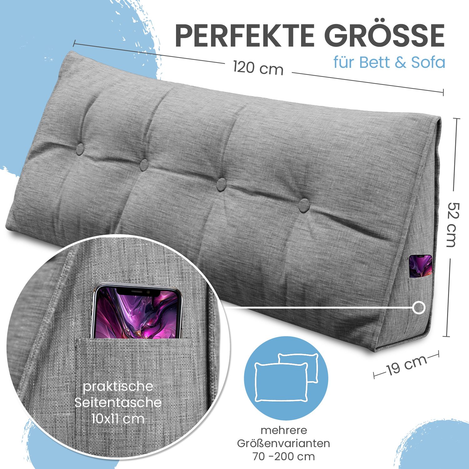Graues Bett- und Rückenstützkissen mit Knöpfen, Seitenfach und Größenangaben: 120x52x19 cm. Mit Smartphone im Fach.