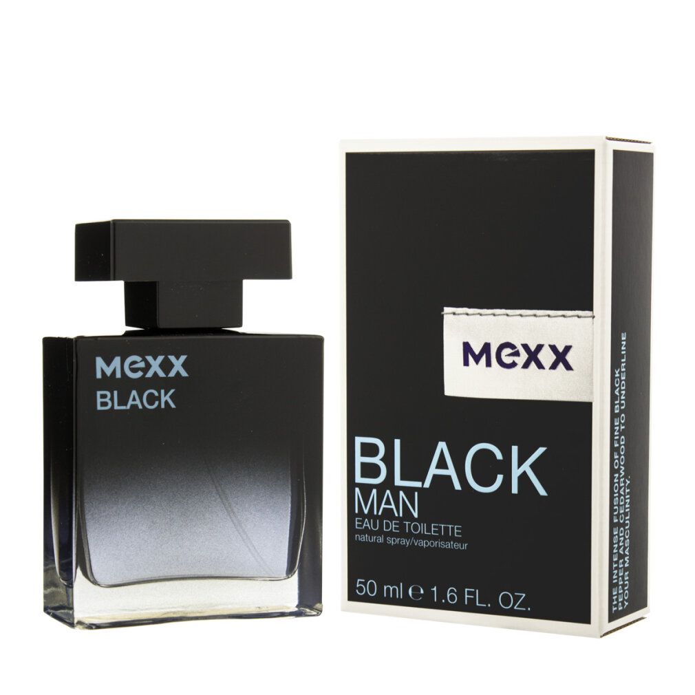 Schwarzer Flakon und Verpackung. Aufschrift: Mexx Black Man Eau de Toilette. 50 ml.