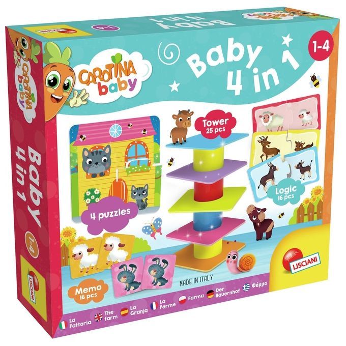 Verpackung von Carotina Baby 4 in 1. Enthält Puzzles, Turm, Memo-Spiel. Mit Illustrationen von Tieren und Haus. Alter 1-4.