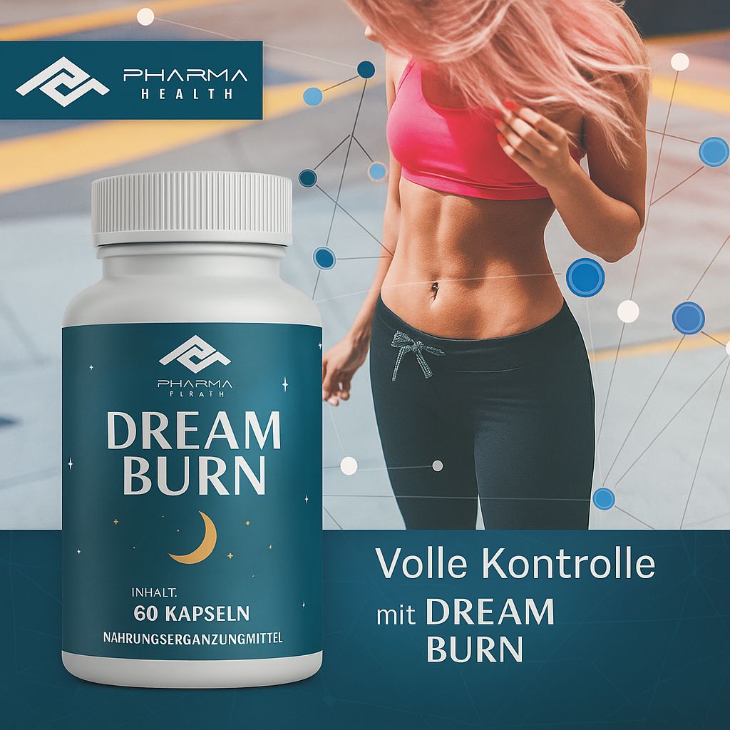 Weiße Flasche DREAM BURN, 60 Kapseln. Logo Pharma Health. Hintergrund: Frau mit Bauchmuskeln, blaue Linien.