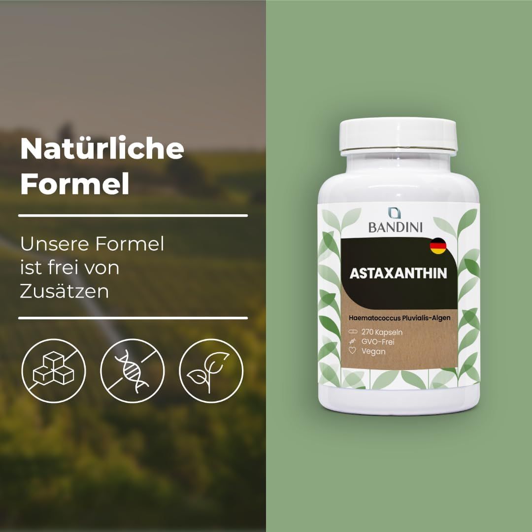 Weiße Flasche mit Astaxanthin Kapseln. Aufschrift: Natürliche Formel. Frei von Zusätzen. Symbole: Zucker, GMO, Blätter.