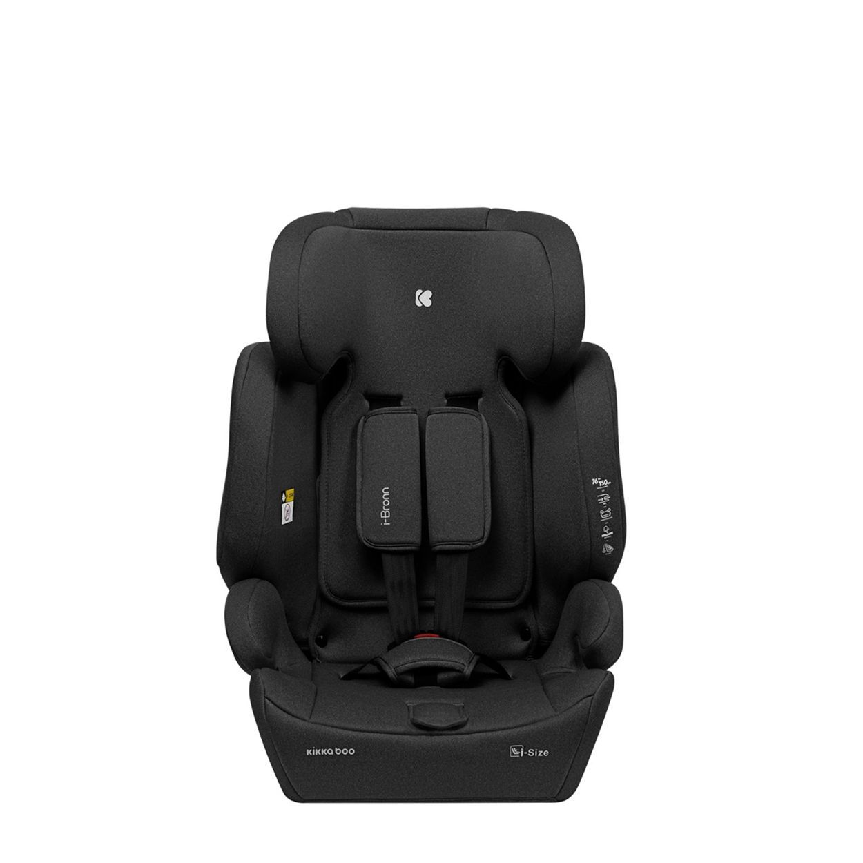 Seitenansicht eines schwarzen Kindersitzes mit Isofix-Befestigungspunkten und Sicherheitshinweisen.