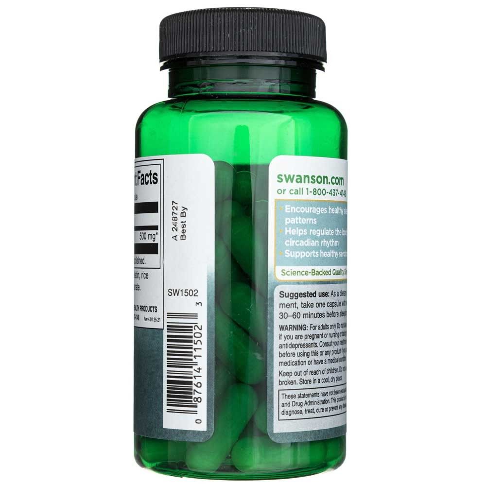 Seitenansicht der Swanson L-Tryptophan Flasche mit Anwendungshinweisen und Website.