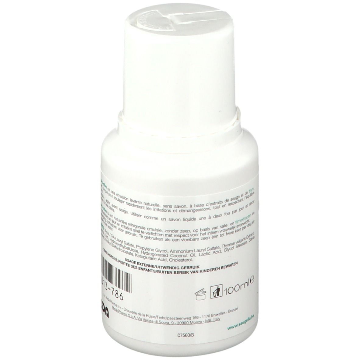 Flacon blanc avec étiquette verte. Inscription Saugella Active. Texte multilingue. 100ml.