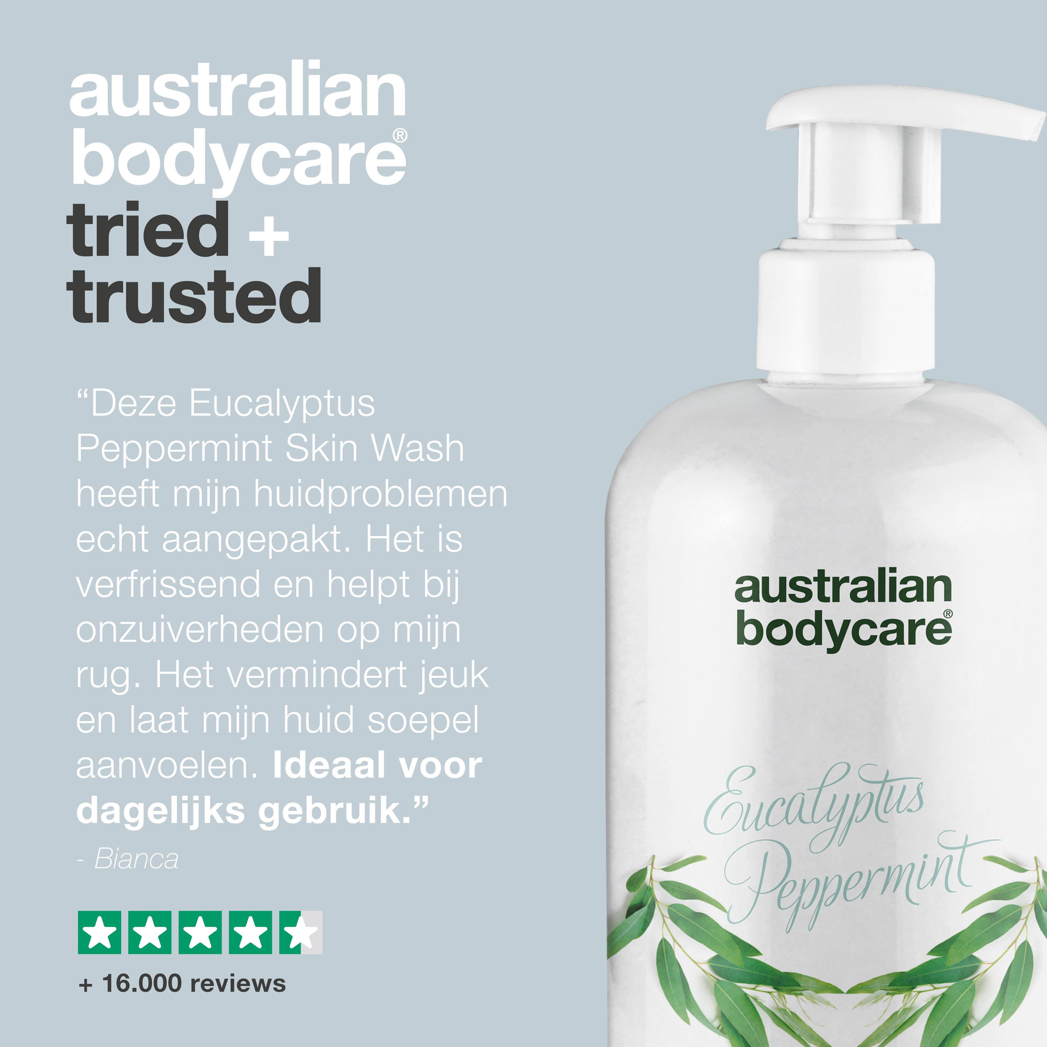 Fles met pomp. Tekst: Australian Bodycare, Skin Wash. Citaat: Deze Eucalyptus Peppermint Skin Wash heeft mijn huidproblemen echt aangepakt.