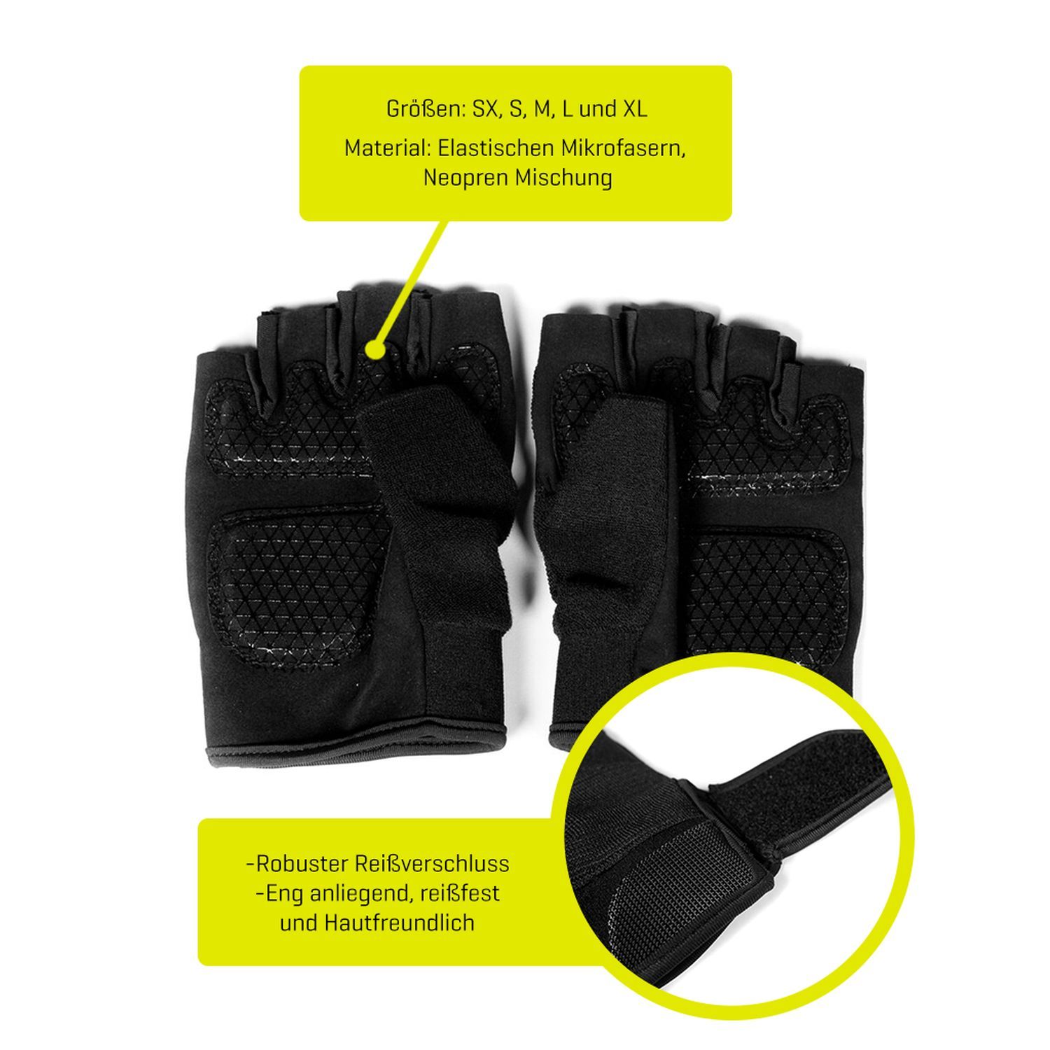 Zwei schwarze Trainingshandschuhe. Größen: SX, S, M, L, XL. Material: Mikrofaser, Neopren. Klettverschluss.