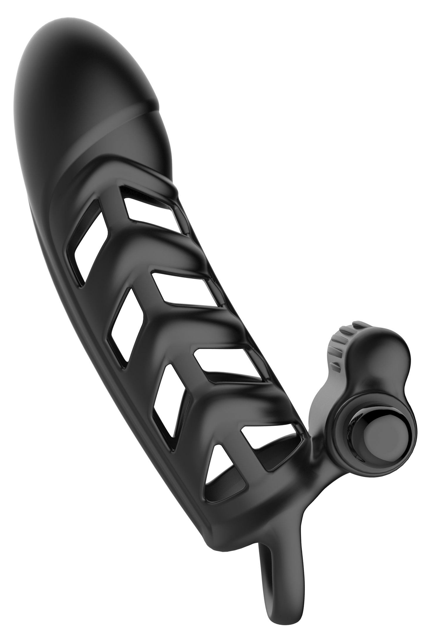 Schwarze, längliche Hülle mit offenem Design und Bedienungselement. Geformt für den Intimbereich.