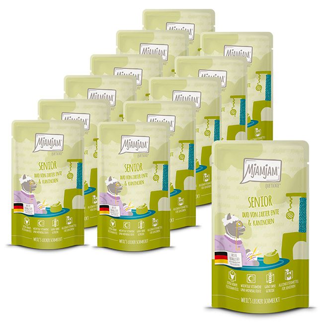 MjAMjAM - Quetschie Senior DUO von zarter Ente & Kaninchen 12x125 g Futter