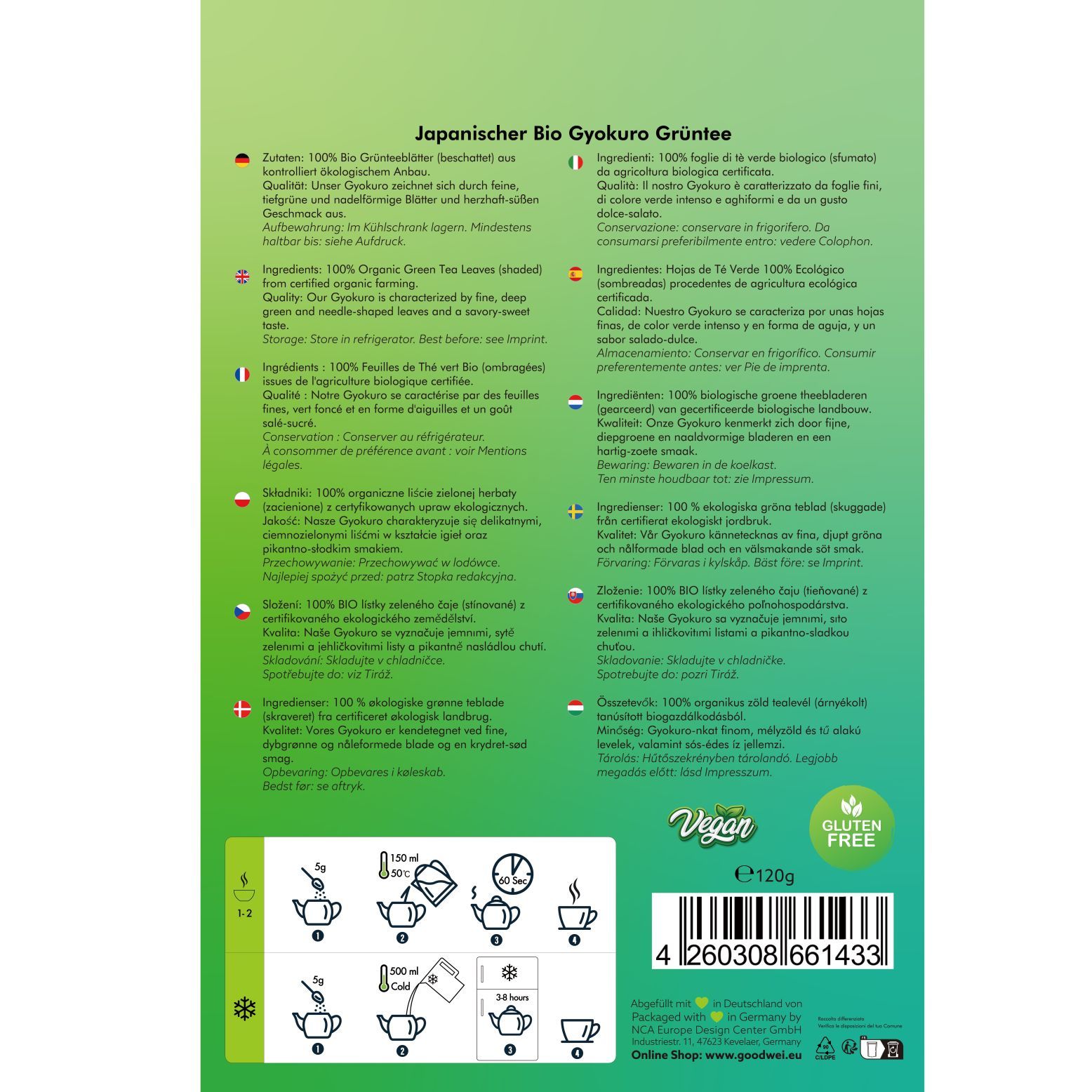 Rückseite der Goodwei Bio Gyokuro Grüntee Verpackung. Text in mehreren Sprachen, Zubereitungshinweise, Bio-Siegel.