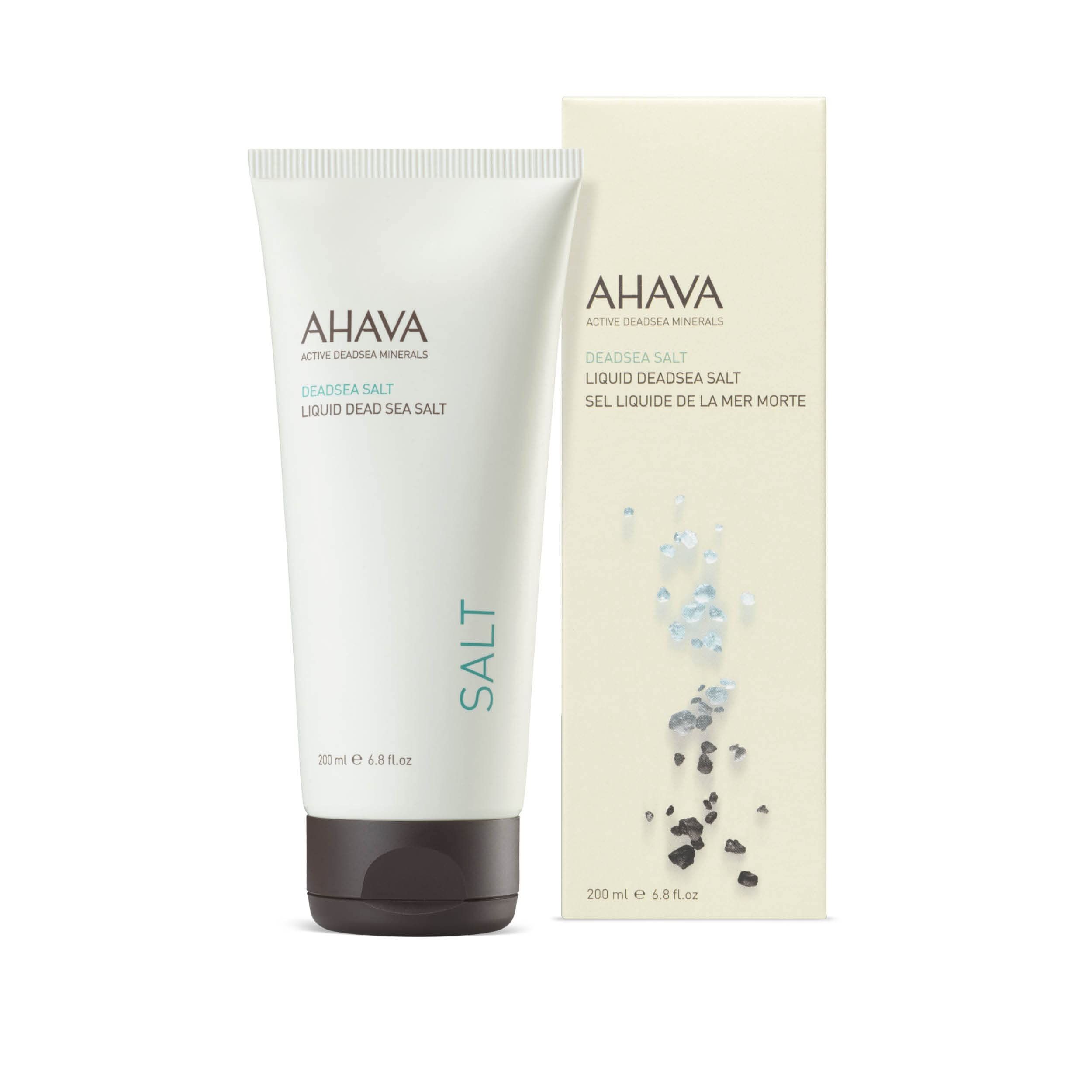 Creme-Tube und Verpackung mit AHAVA-Logo und Produktbezeichnung. Aufschrift: Liquid Dead Sea Salt. Brauner Verschluss.