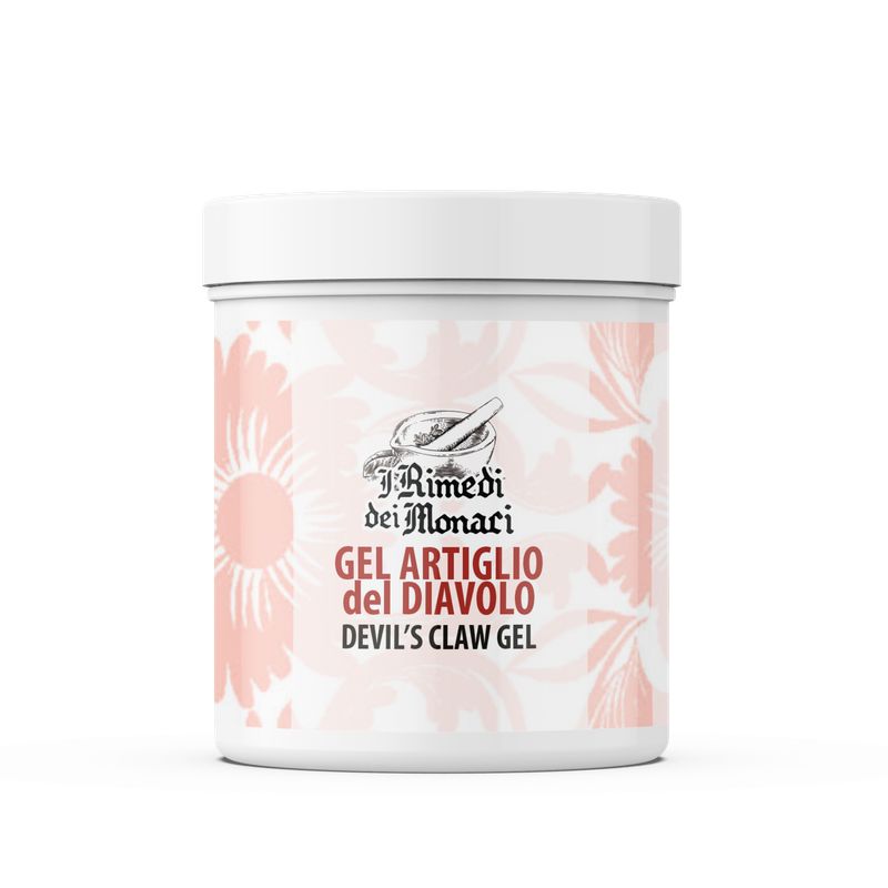 Weißes Tiegel mit floralem Muster. Aufschrift: Gel Artiglio del Diavolo, Devil's Claw Gel. Logo: I Rimedi dei Monaci.