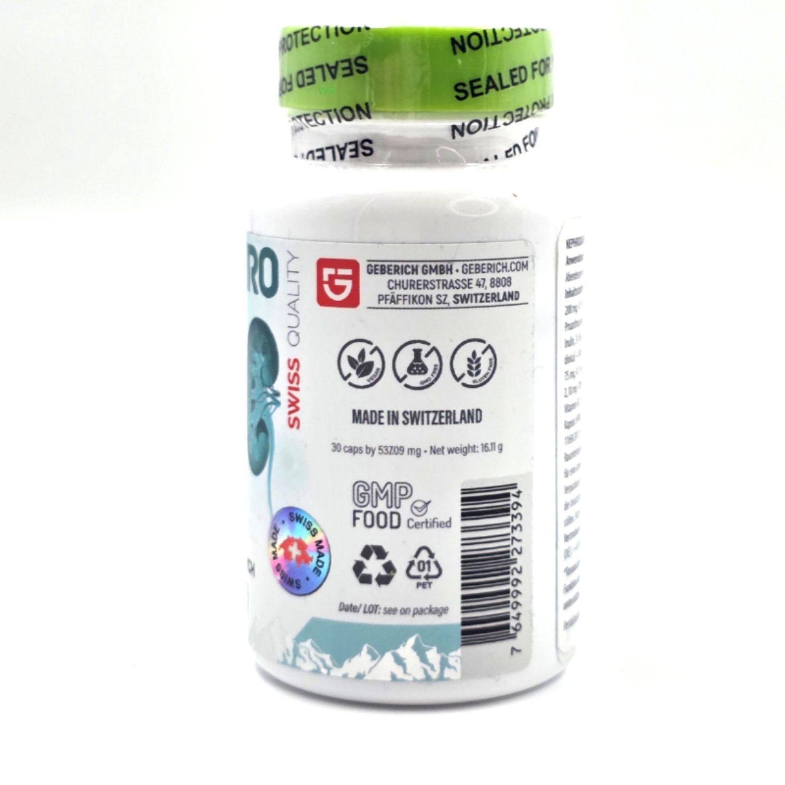 Rückansicht des weißen Fläschchens. Aufschrift: Nephro, Swiss Quality, Made in Switzerland, 30 Kapseln. GMP Food Certified.