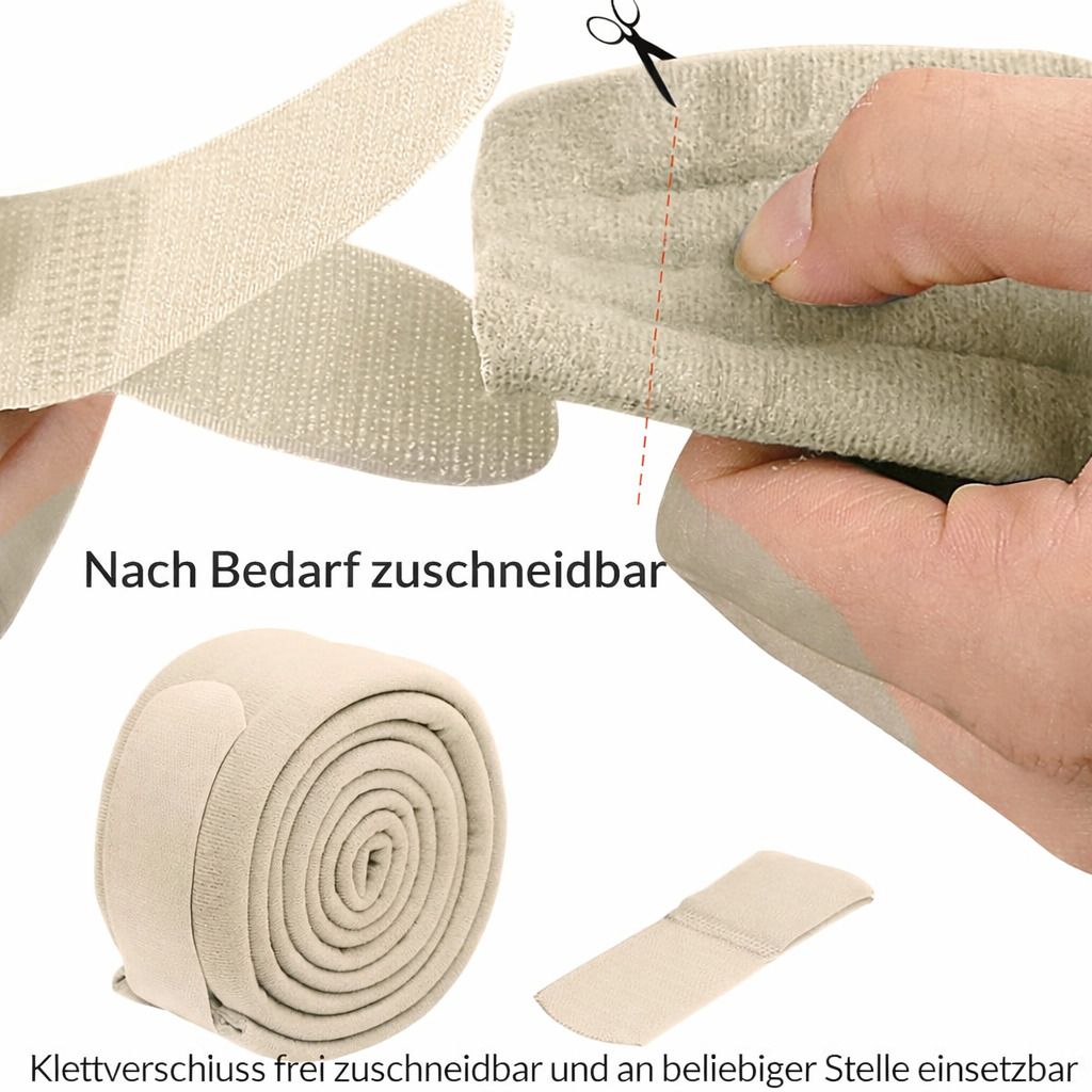 Zuschneidbare Armschlinge. Schere schneidet Stoff. Einzelteile: gerollte Schlinge, zugeschnittenes Stück, Klettverschluss.