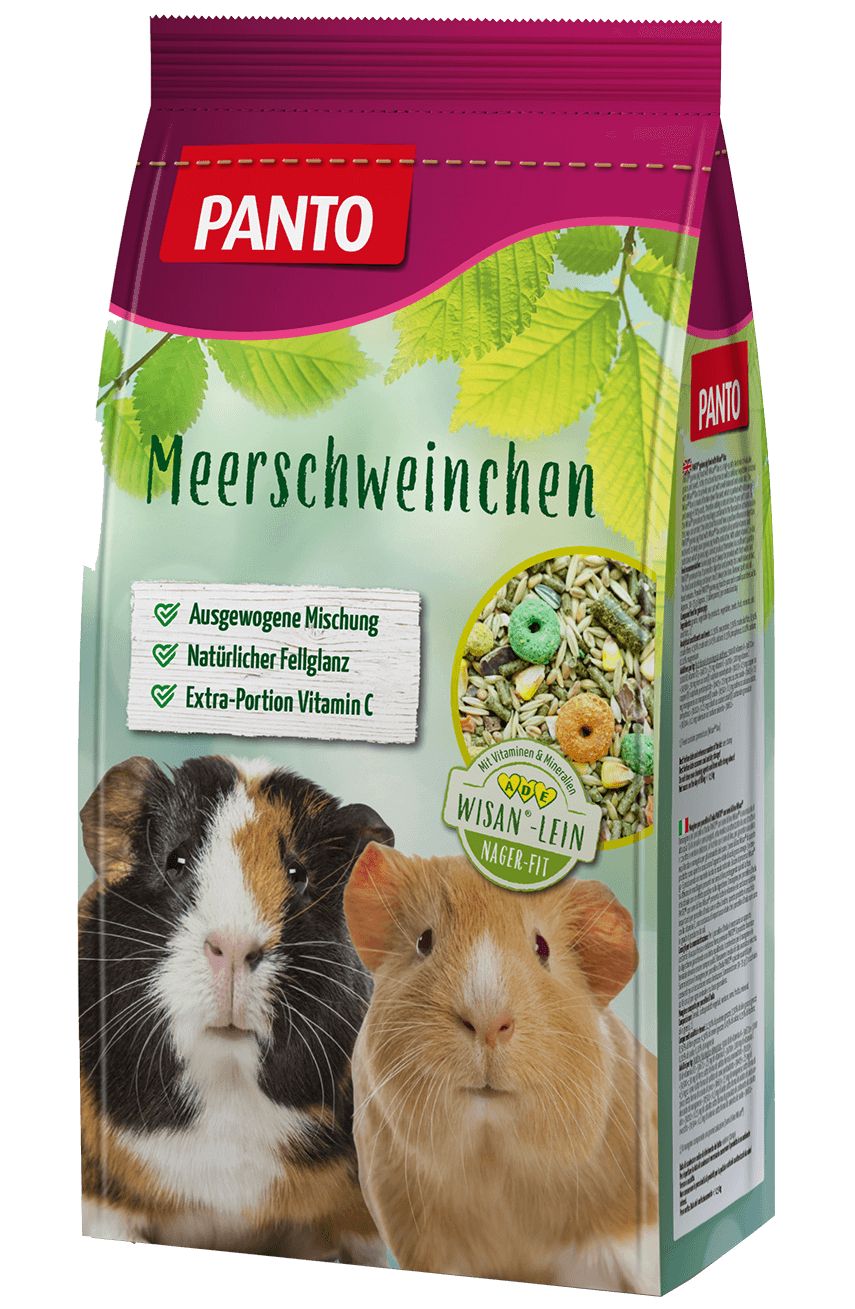 PANTO® Meerschweinchenfutter. Beutel mit Produktabbildung und Text. Zwei Meerschweinchen, grüne Blätter und Produktbestandteile.
