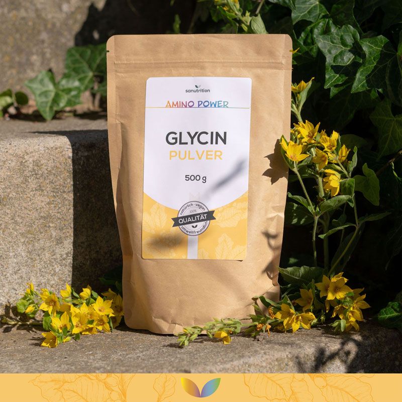 Braune Papiertüte mit weißem Etikett. Aufschrift: Glycin Pulver, 500g. Logo: Sanutrition, Amino Power, Qualitätszeichen. Hintergrund: Pflanzen.