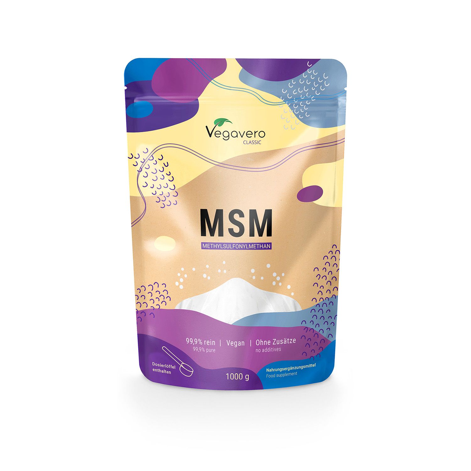 Beutel mit MSM-Pulver. Aufschrift: Vegavaro, MSM, 99,9% rein, vegan, ohne Zusätze. Mit Messlöffel.