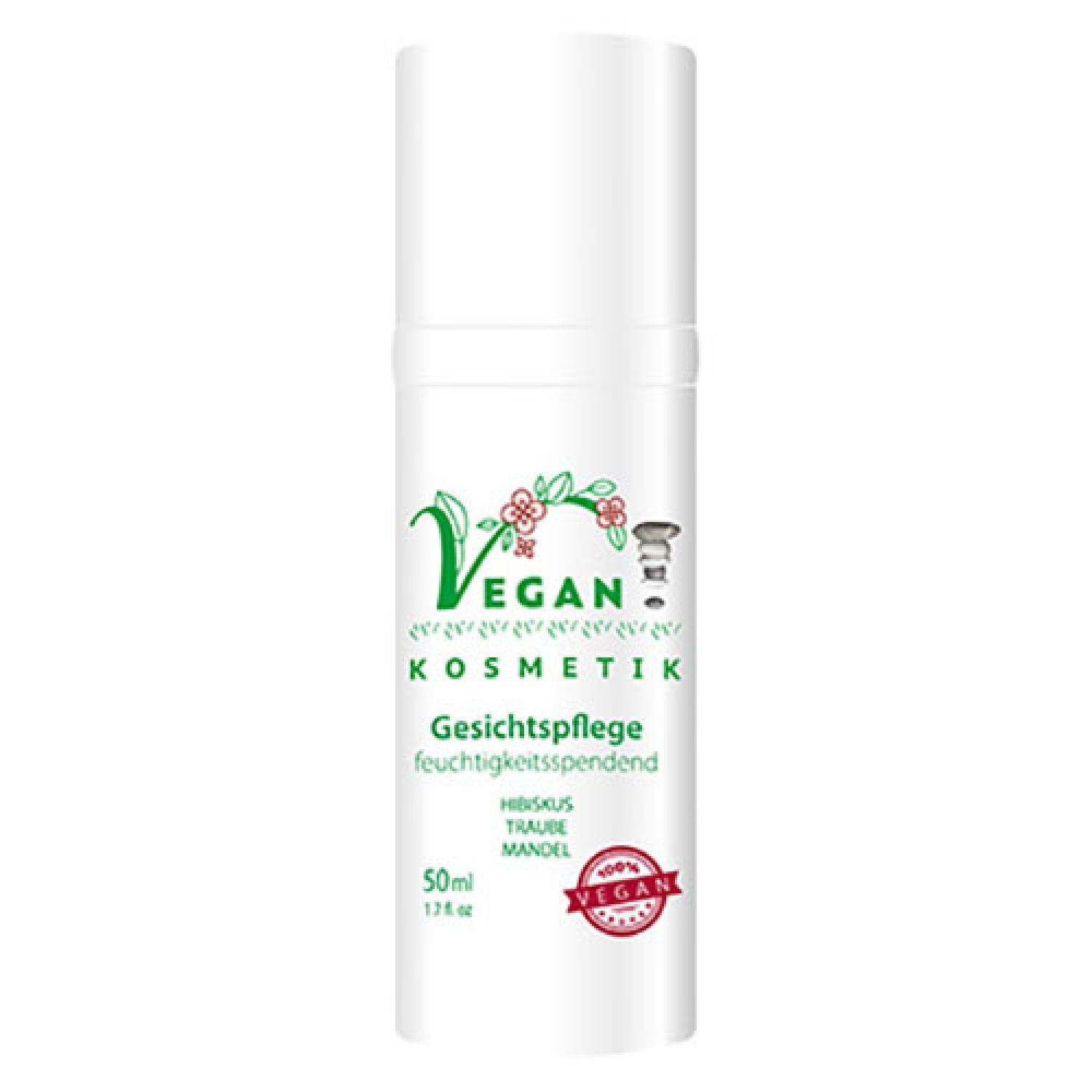Weiße Kosmetikflasche mit grünen und roten Verzierungen. Aufschrift: Vegan Kosmetik, Gesichtspflege, feuchtigkeitsspendend. Vegan-Siegel.