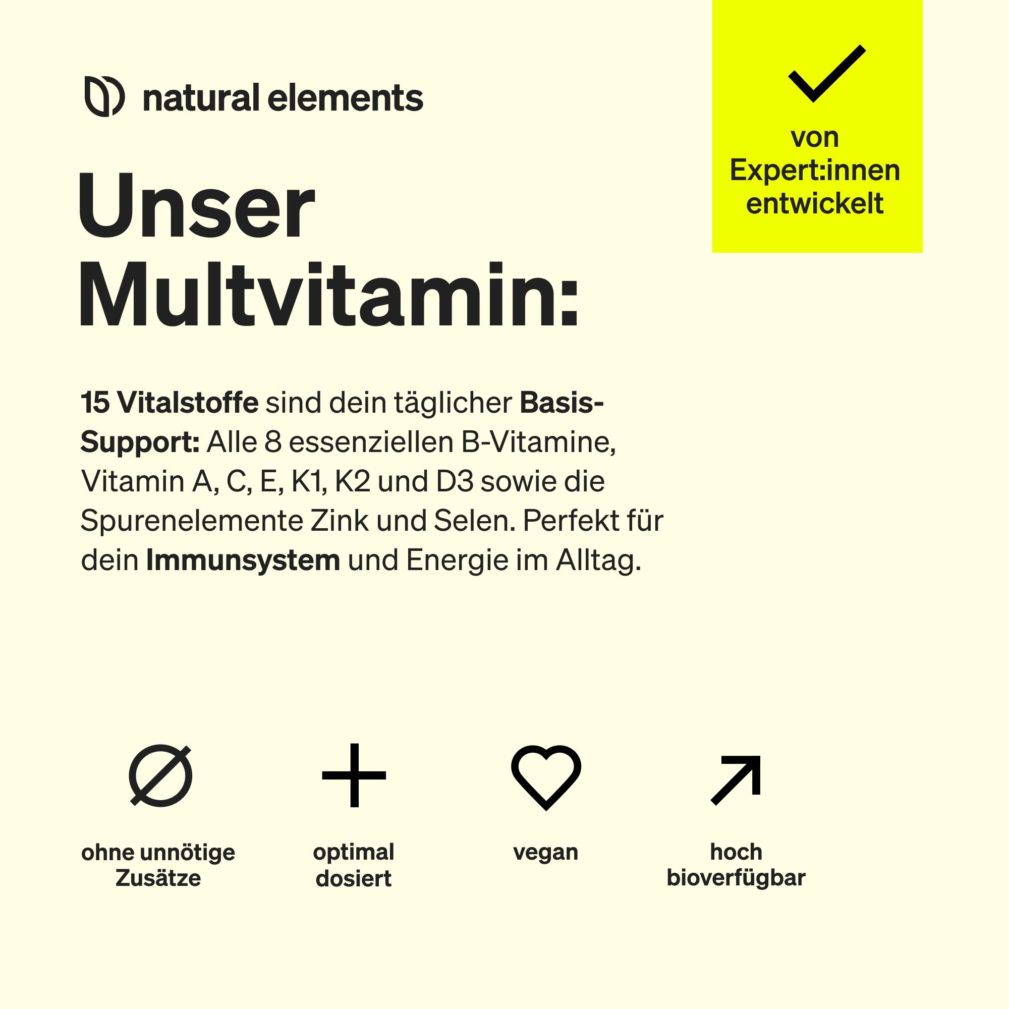 natural elements Multivitamin – 365 Tabletten Jahresvorrat – Vitamine A-Z, mit Vitamin K1 und K2