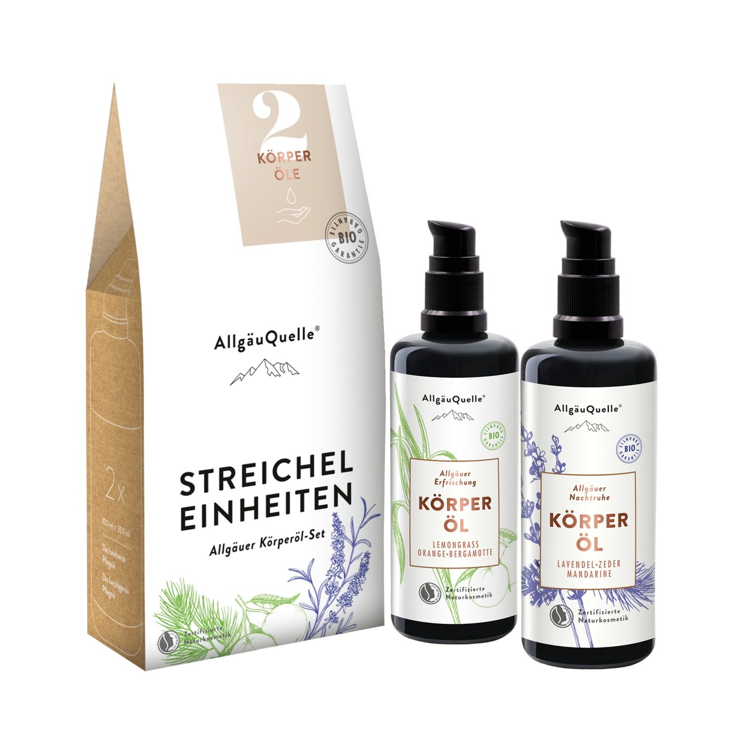 AllgäuQuelle BIO Körperöl-Set mit 100% Bio ätherische Öle Lemongrass, Orange und Lavendel, Zeder