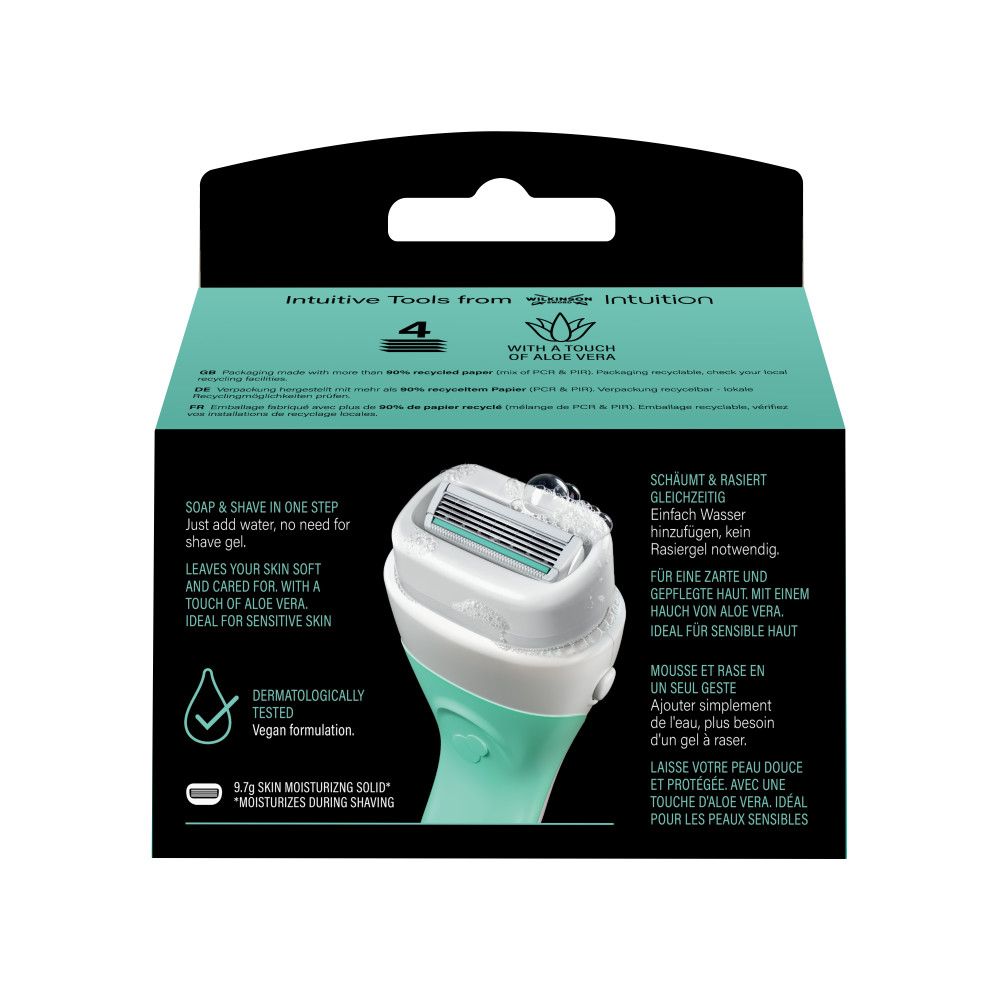 Verpackung mit 6 Wilkinson Sword Intuition Rasierklingen und Rasierer.