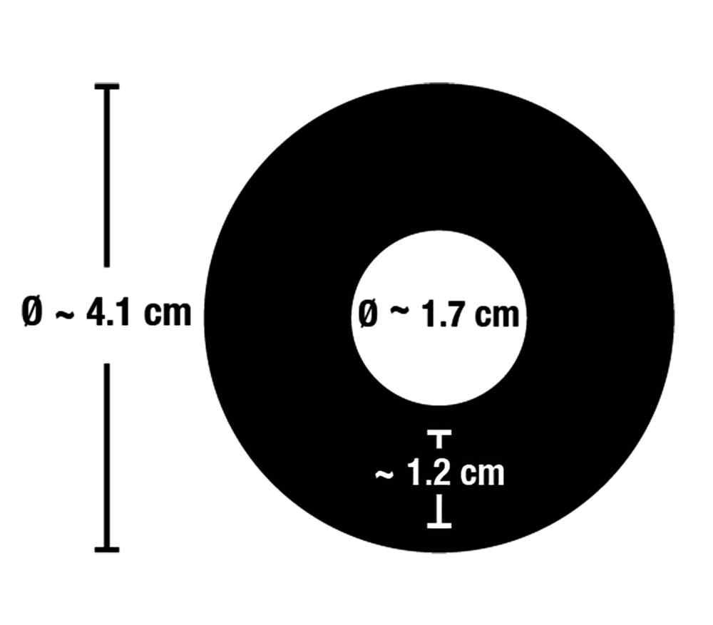 Schwarze Grafik mit weißen Kreisen. Durchmesser: 4,1 cm und 1,7 cm. Dicke: 1,2 cm.