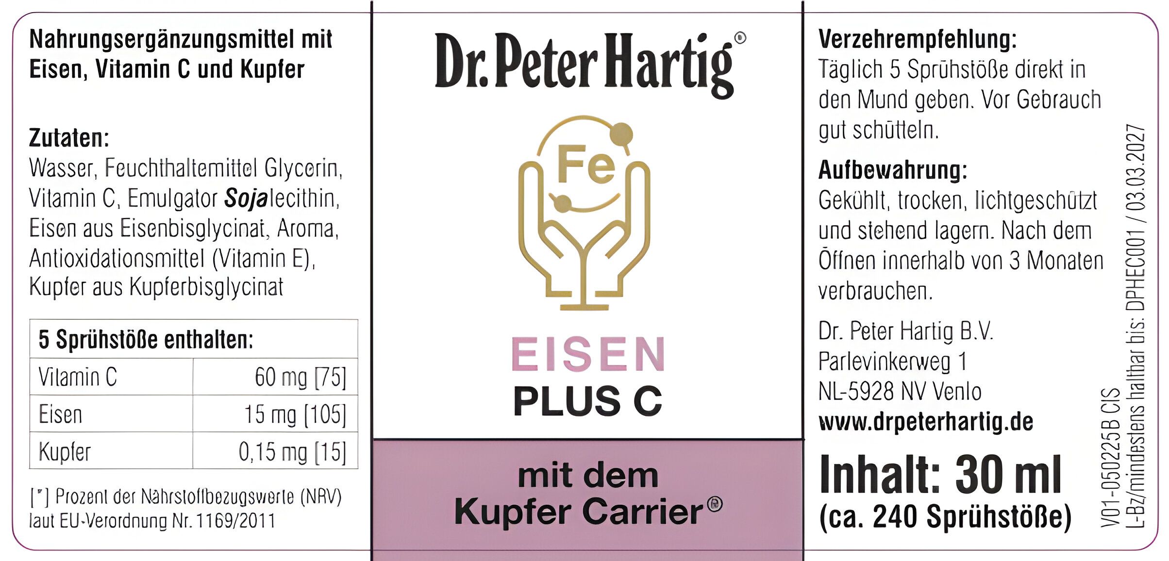 Etikett mit Produktinformationen. Dr. Peter Hartig Eisen Plus C. Inhaltsstoffe, Verzehrempfehlung, Aufbewahrung, Inhalt: 30 ml.