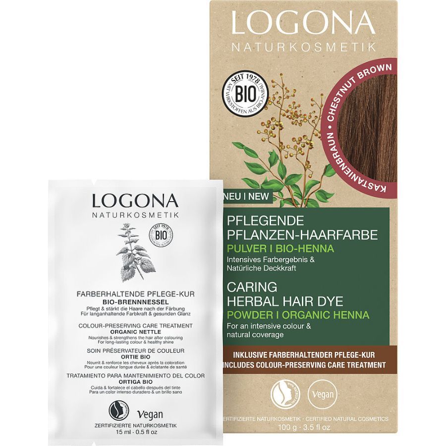 Haarfarbepulver-Packung und Pflegekur-Beutel. Aufschrift: Logona Naturkosmetik, Bio, Vegan. Kastanienbraun. Enthält Bio-Henna.