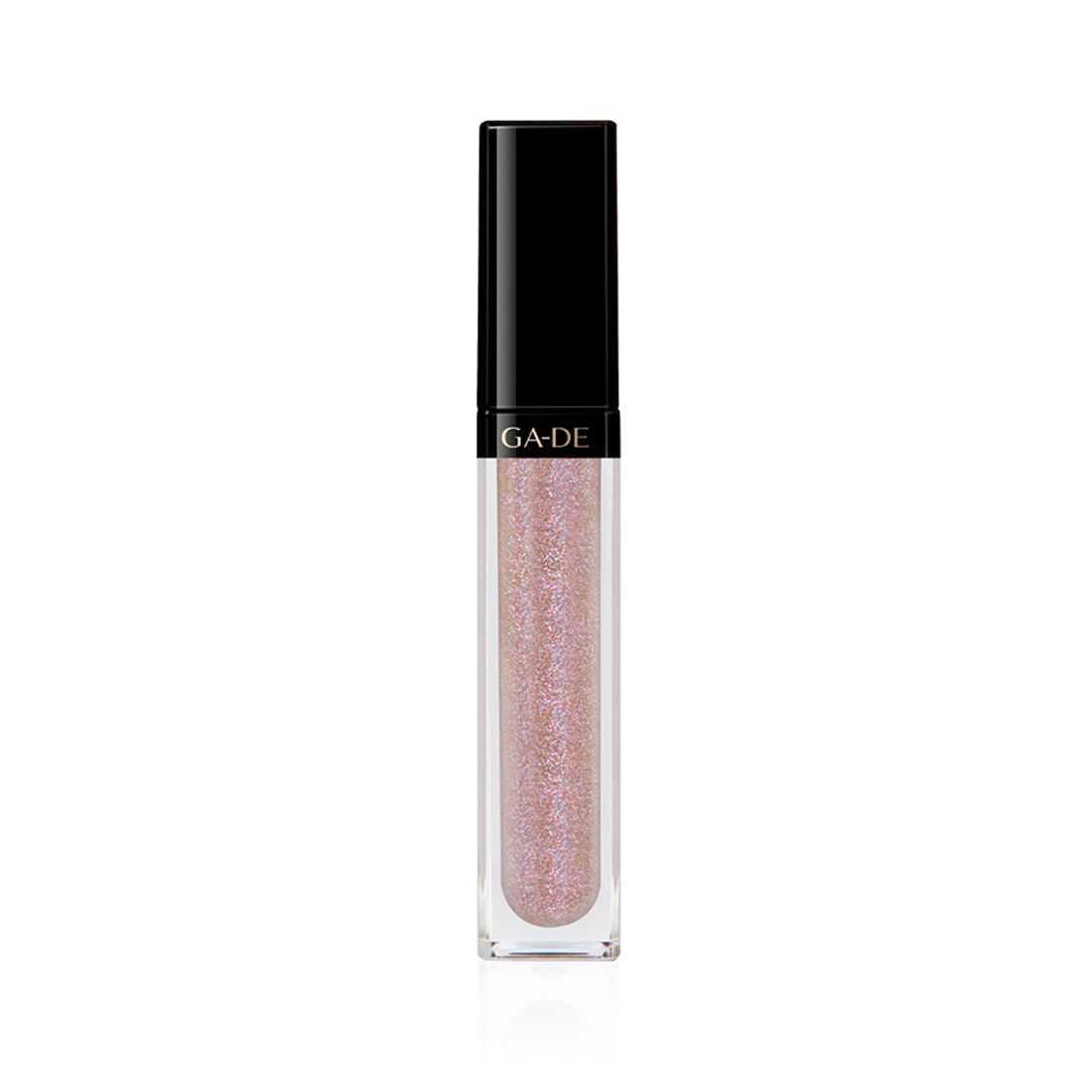 Ga-De Crystal Lights Lipgloss. Transparente Tube mit rosa Glitzer. Schwarzer Deckel mit Ga-De-Logo. Auf weißem Hintergrund.