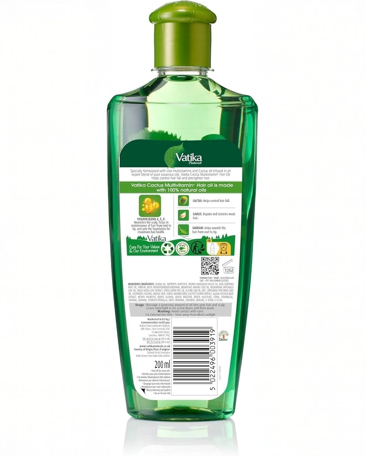 Rückseite der grünen Flasche. Text: Vatika Cactus Multivitamin Haaröl. Inhaltsstoffe, Anwendungshinweise und Logos.