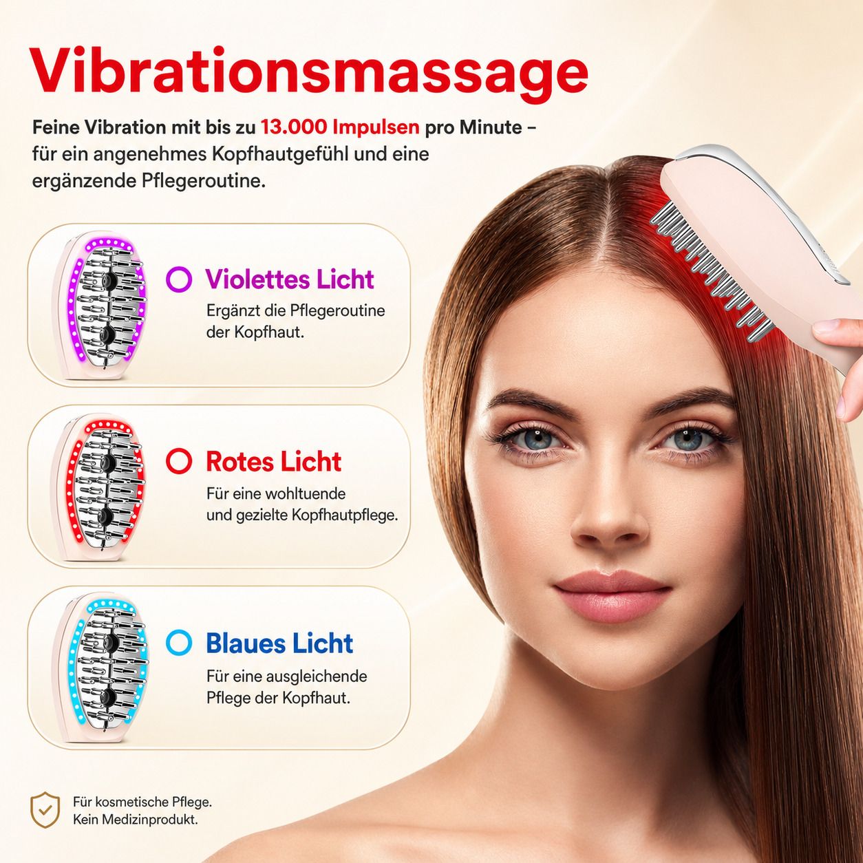 Massagebürste mit violetter, roter und blauer Lichttherapie für die Kopfhautpflege.