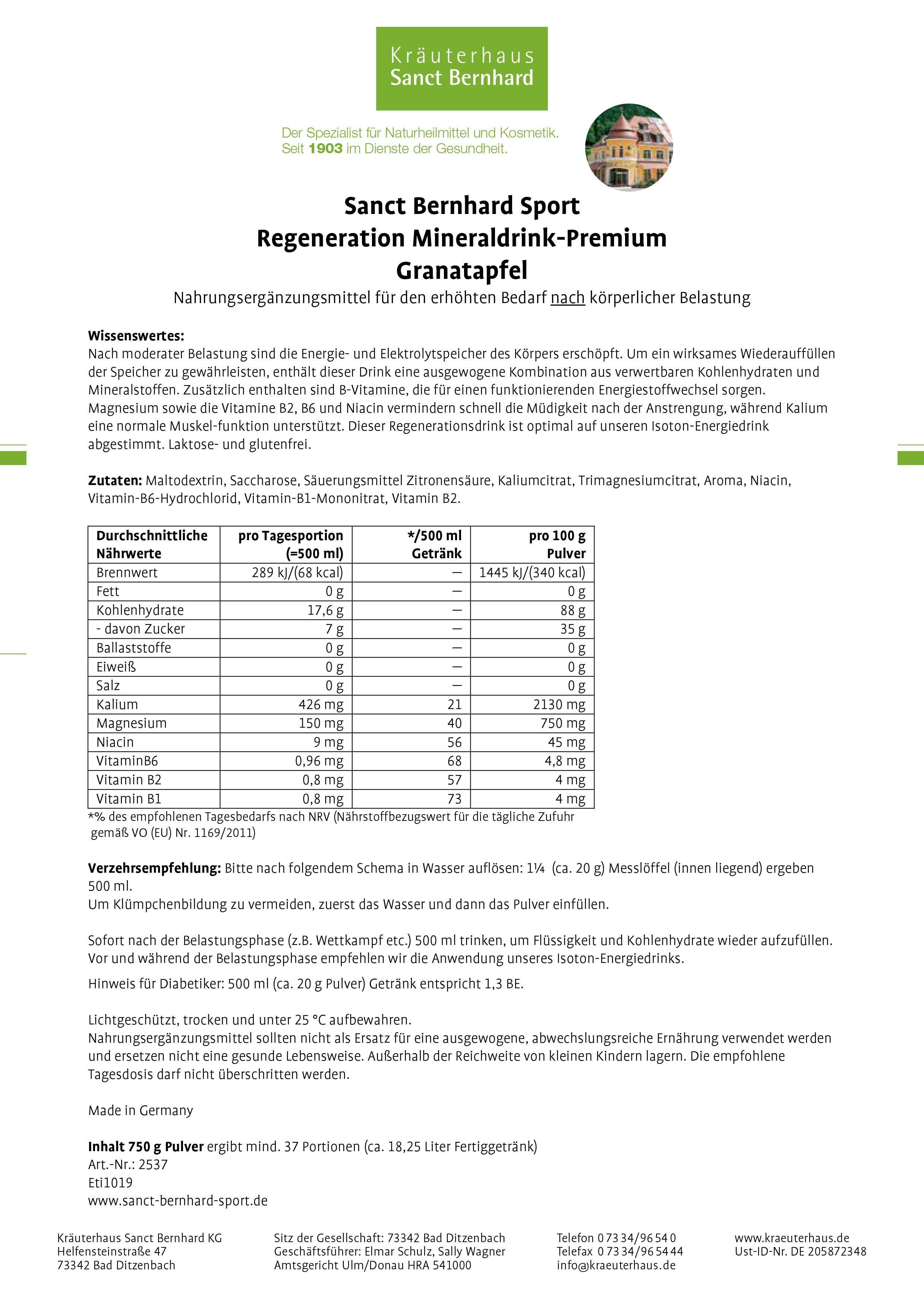 Sanct Bernhard Sport Regeneration Mineraldrink-Premium 750 g Pulver