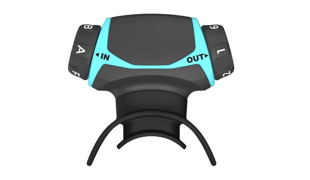 Atemtrainer, schwarz-türkis. Drehregler mit Zahlen und Buchstaben. Aufsatz für den Mund.