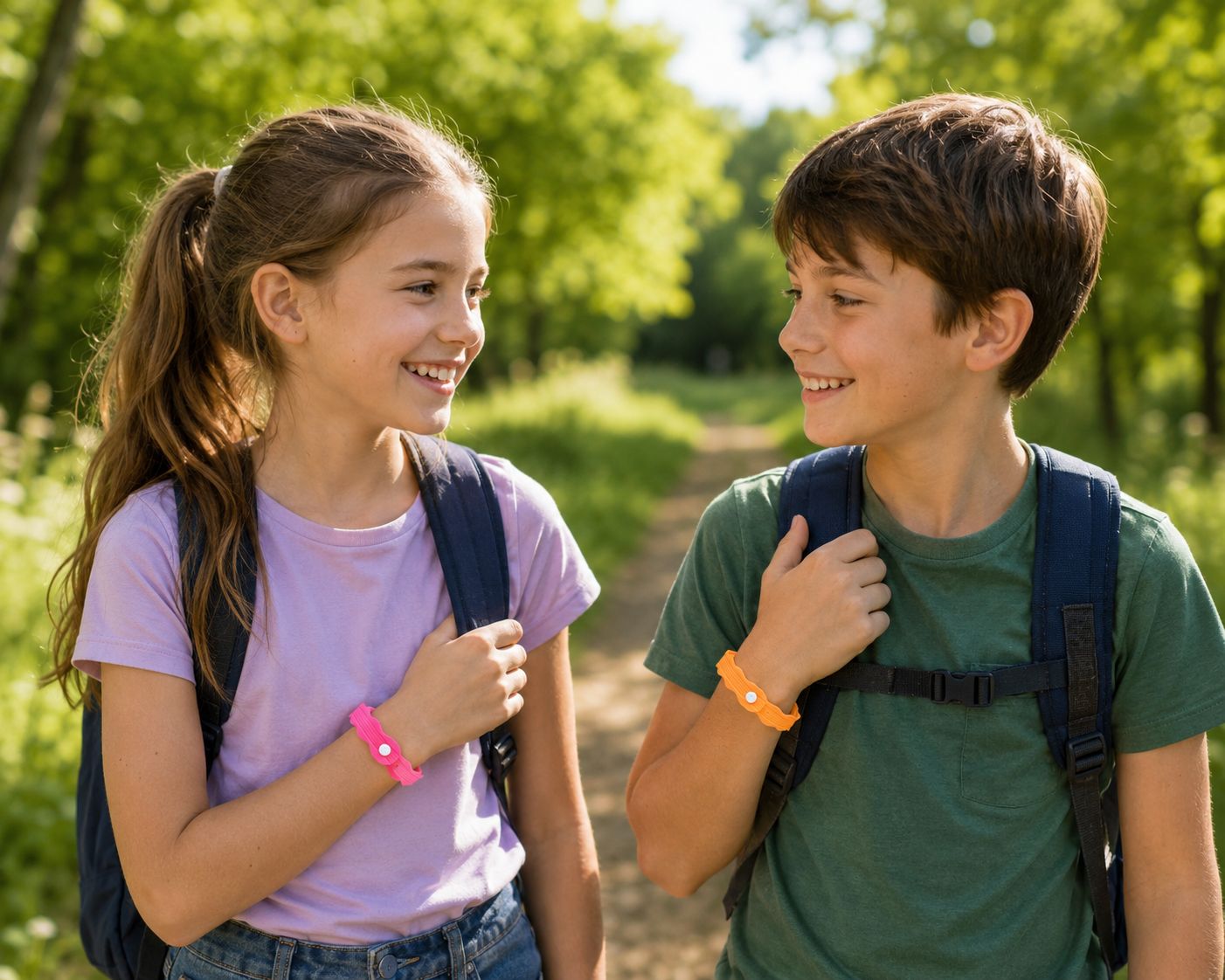 Zwei Kinder beim Wandern, sie tragen bunte Armbänder.