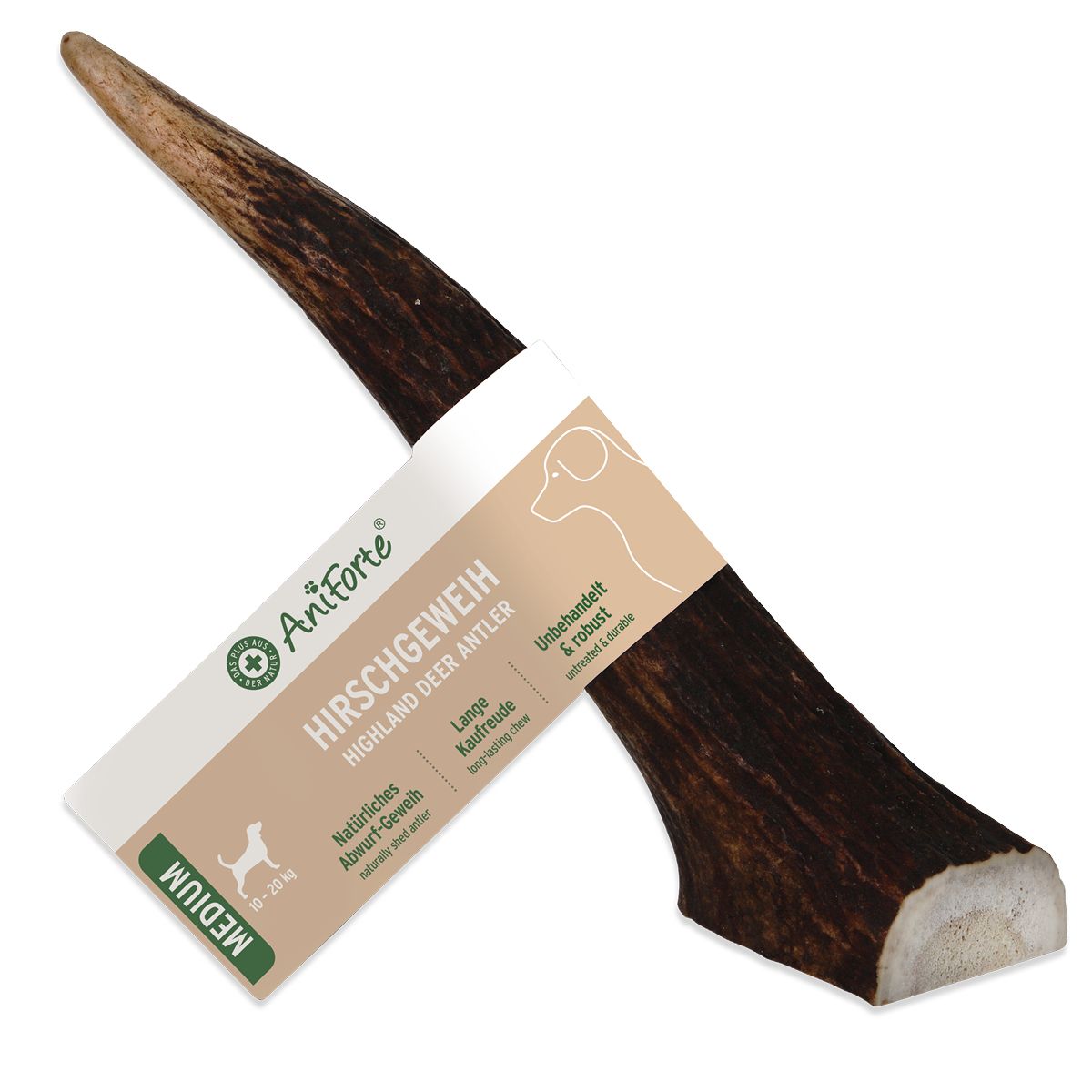 Hirschgeweih Medium mit Verpackung. Braunes Geweih mit weißem Aufkleber. Aufkleber mit Produktname, Logo und Hundesilhouette.